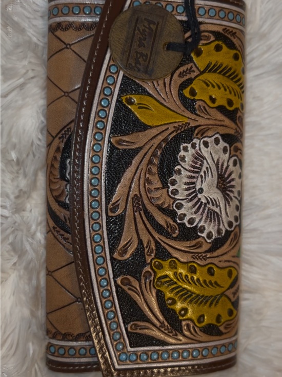 Myra Bag Handbags - Myra Bag Yellow & Turquoise Tooled Leather Wallet